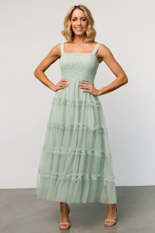 Constance Tulle Maxi Dress | Light Sage Stylish Maxi Dress with Frills