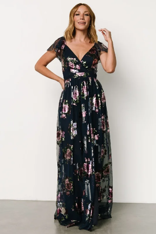 Devany Maxi Dress | Navy Multi Trendy Off-Shoulder Ruffle Maxi Dress