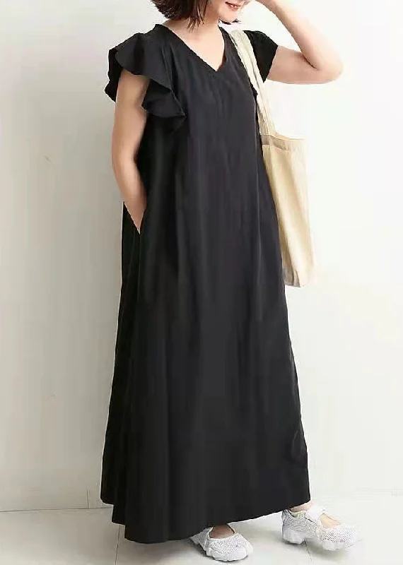 Elegant Black V Neck Patchwork Ruffled Cotton Maxi Dresses Summer Trendy Printed Maxi Dress