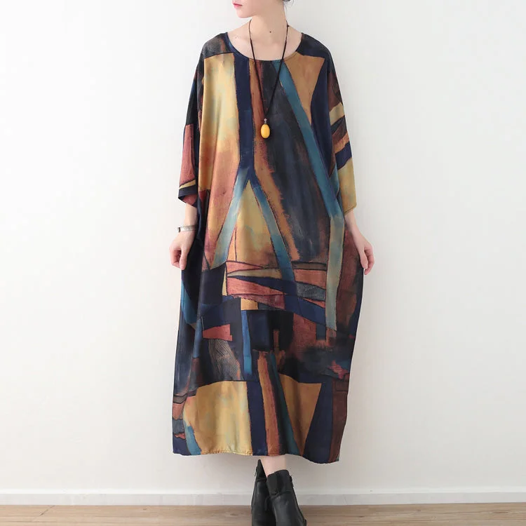 Elegant yellow blue prints chiffon maxi dress Loose fitting o neck chiffon maxi dress women half sleeve caftans Comfortable Maxi Dress with Sleeves