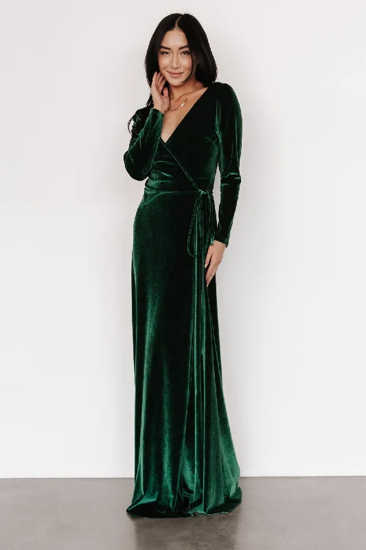 Esmerelda Velvet Wrap Maxi Dress | Forest Elegant Tiered Maxi Dress