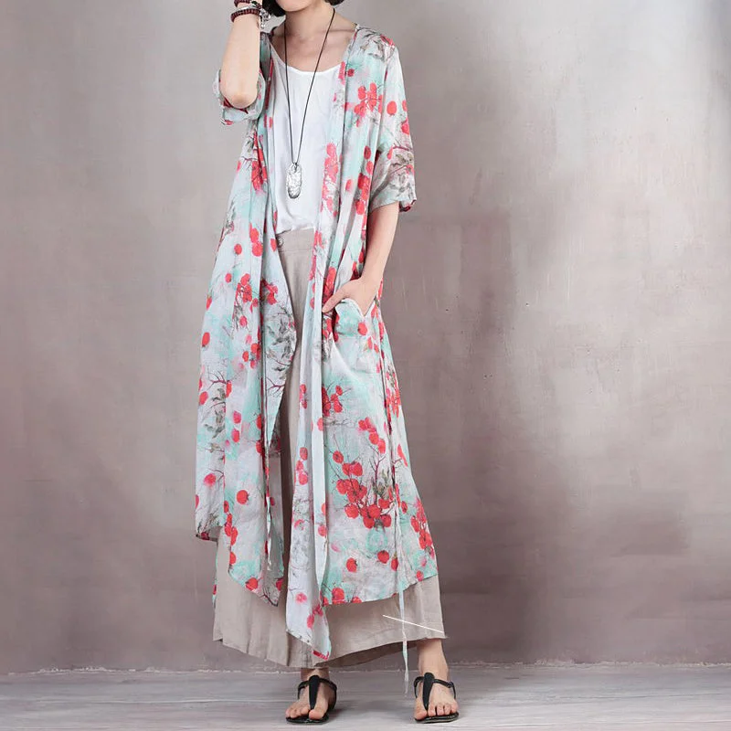 fashion red floral linen caftans casual v neck linen maxi dress Fine half sleeve tie waist caftans Trendy Maxi Dress with Straps