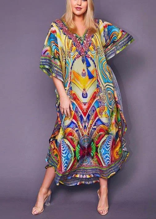 Fine Print tie Chiffon Loose kimono robe Maxi Dress Trendy Maxi Dress with Bow