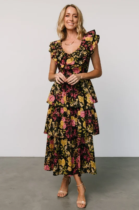 Francesca Tiered Maxi Dress | Black Floral Elegant Floral Maxi Dress