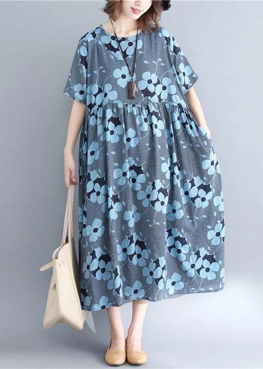 French blue print cotton linen clothes o neck Cinched Maxi Dresses Comfortable Satin Maxi Dress