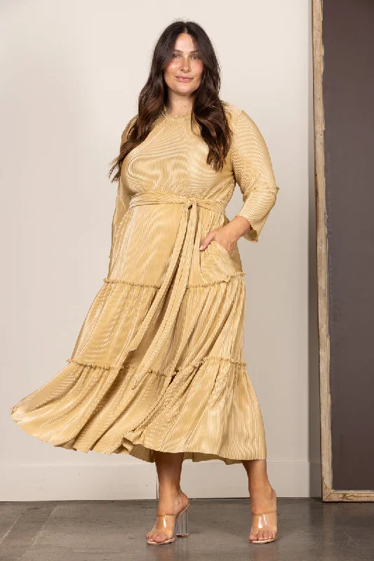 GOLD PLEATED SELF-TIE FRONT PLUS SIZE MAXI DRESS VL5846 Stylish Button-Up Maxi Dress