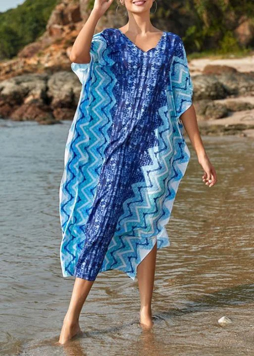 Handmade Blue Print V Neck Beach Gown Summer Maxi Dresses Trendy Fit-and-Flare Maxi Dress