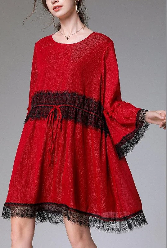 Handmade Red Patchwork Chiffon flare sleeve Summer Mini Dresses Elegant Lace Mini Dress