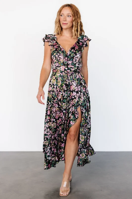 Harlow Satin Maxi Dress | Black Multi Trendy Off-Shoulder Ruffle Maxi Dress