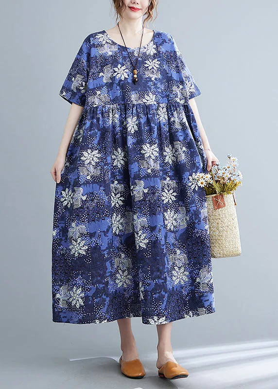 Italian Blue O-Neck Cinched Print Maxi Dresses Short Sleeve Elegant Tiered Maxi Dress