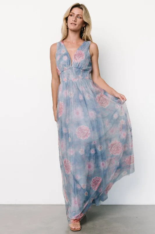 Kamila Tulle Maxi Dress | Light Blue + Pink Floral Elegant Maxi Dress with Slit