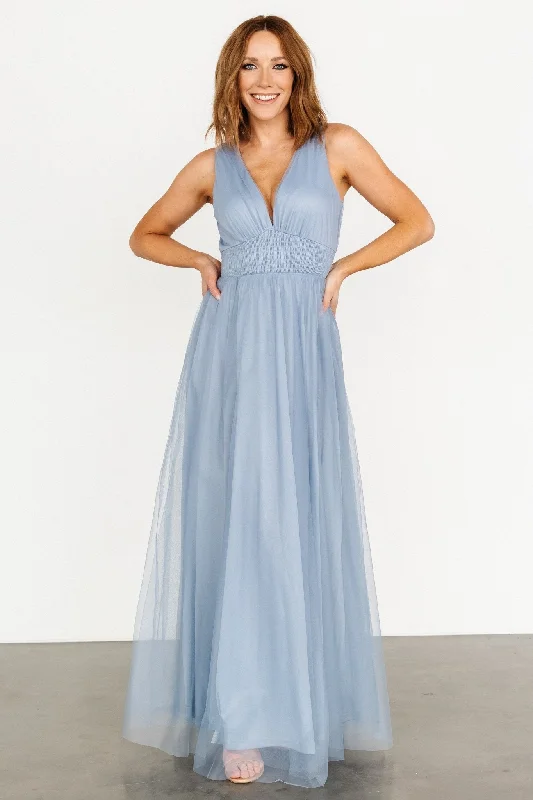 Kamila Tulle Maxi Dress | Whisper Blue Fashionable Faux Wrap Maxi Dress