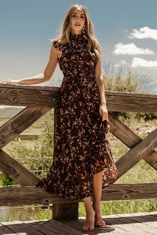 Kearny Ruffle Maxi Dress | Brown + Natural Trendy Maxi Dress with Belt