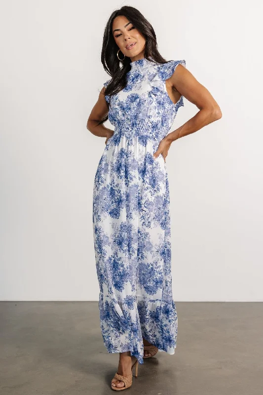 Kearny Ruffle Maxi Dress | White + Blue Floral Comfortable Casual Maxi Dress