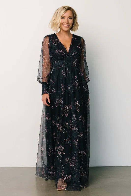 Layla Tulle Maxi Dress | Metallic Blue + Pink Trendy Floral Print Maxi Dress