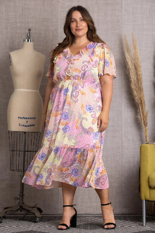 PINK PAISLEY PRINT RUFFLE SHORT SLEEVES PLUS SIZE MAXI DRESS-LD44068X- Chic Boho Print Maxi Dress