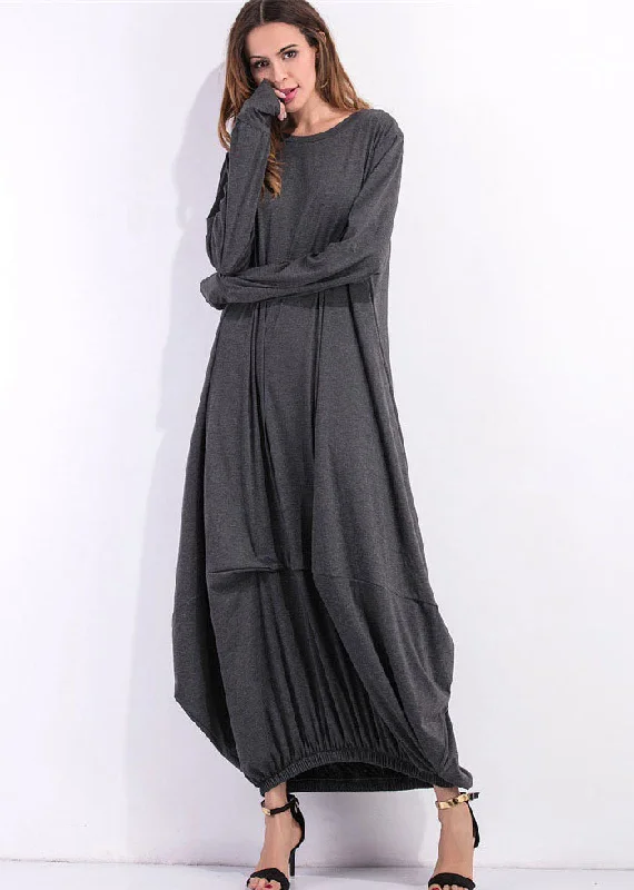 Loose Grey O Neck Asymmetrical Design Cotton Maxi Dress Spring Chic Boho Print Maxi Dress