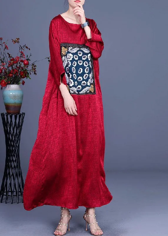 Loose Red Patchwork Print Dress Loose Silk Summer Maxi Dress Elegant Lace-Up Maxi Dress