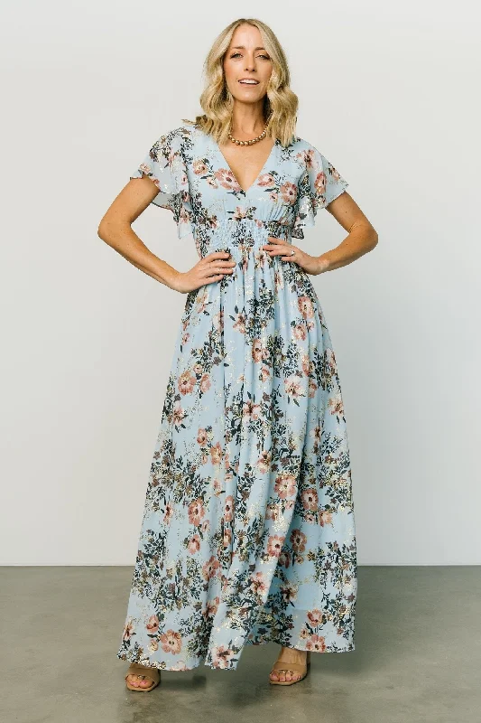 Lynlee Metallic Maxi Dress | Light Blue Comfortable Bohemian Maxi Dress