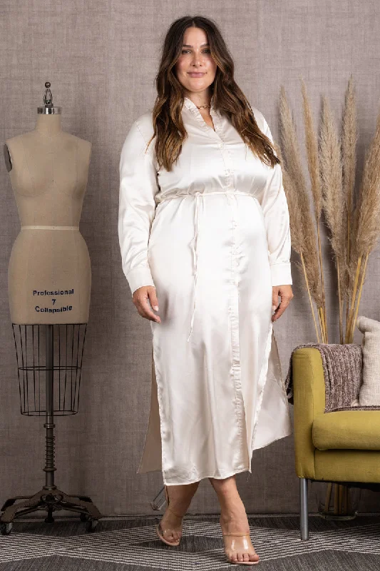 IVORY BUTTON DOWN LONG SLEEVES PLUS SIZE MAXI DRESS-M51743WX Fashionable Asymmetrical Maxi Dress