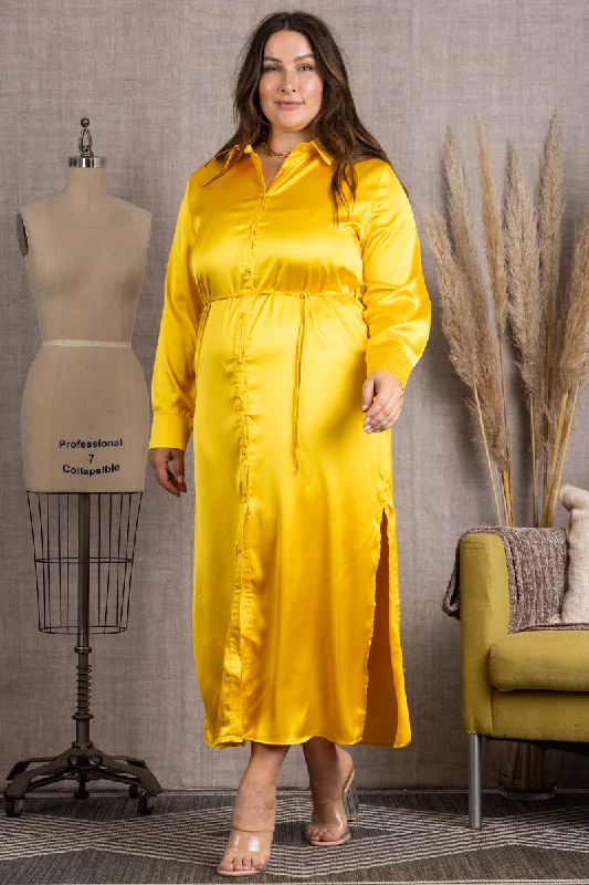 YELLOW BUTTON DOWN LONG SLEEVES PLUS SIZE MAXI DRESS-M51743WX Fashionable Chiffon Tiered Maxi Dress