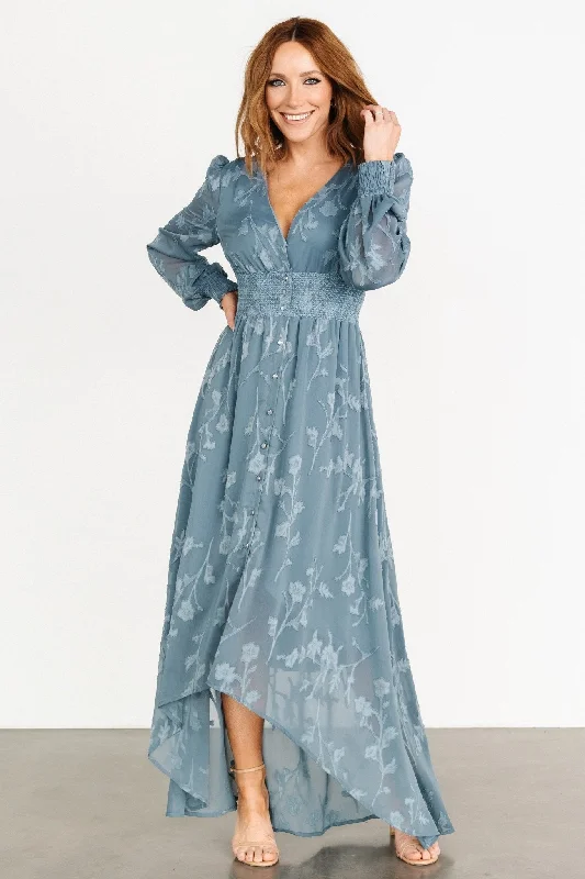 Mayfair High Low Maxi Dress | Slate Blue Stylish Maxi Dress with Frills