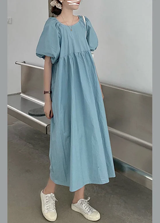 Modern Blue Patchwork Wrinkled Slim Cotton Maxi Dresses Summer Elegant Floral Maxi Dress