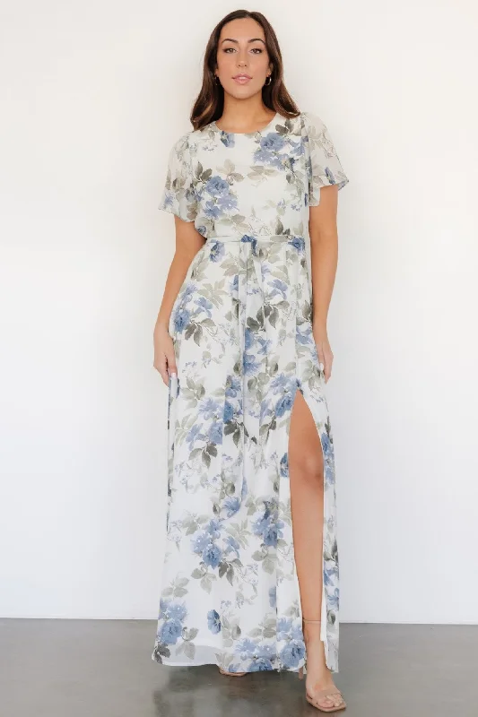 Naomi Short Sleeve Maxi Dress | Dusty Blue Floral Fashionable Off-Shoulder Maxi Dress