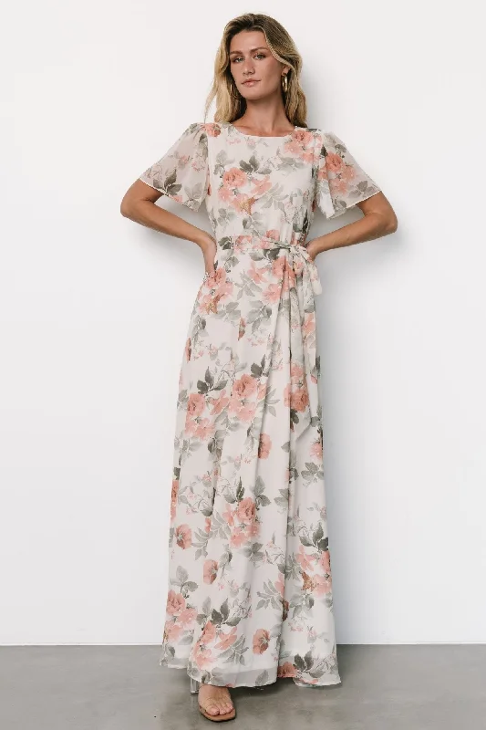 Naomi Short Sleeve Maxi Dress | Ivory + Coral Floral Cozy Maxi Dress with Slit