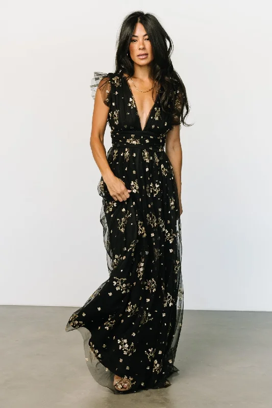 Natalia Floral Embellished Maxi Dress | Black + Gold Elegant Maxi Dress with Drapes