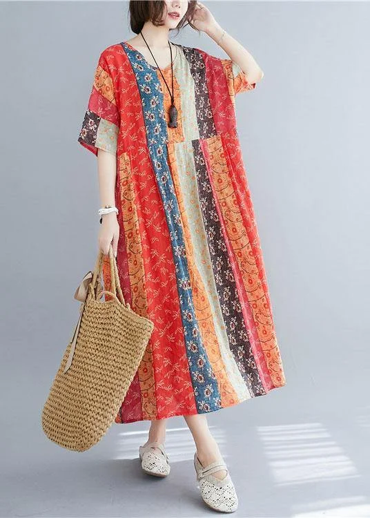 Natural ColorBlock Print O-Neck Summer Maxi Dresses Half Sleeve Stylish Longline Maxi Dress