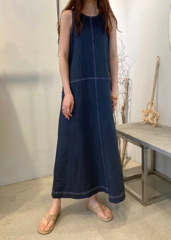 Navy Patchwork Cozy Maxi Dresses Sleeveless Casual Maxi Dress with Pockets