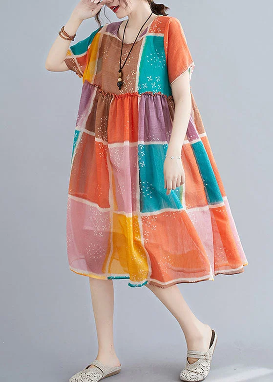 Organic Colorblock Block Print Ruffled Linen Maxi Dress Short Sleeve Elegant Maxi Dress with Lace