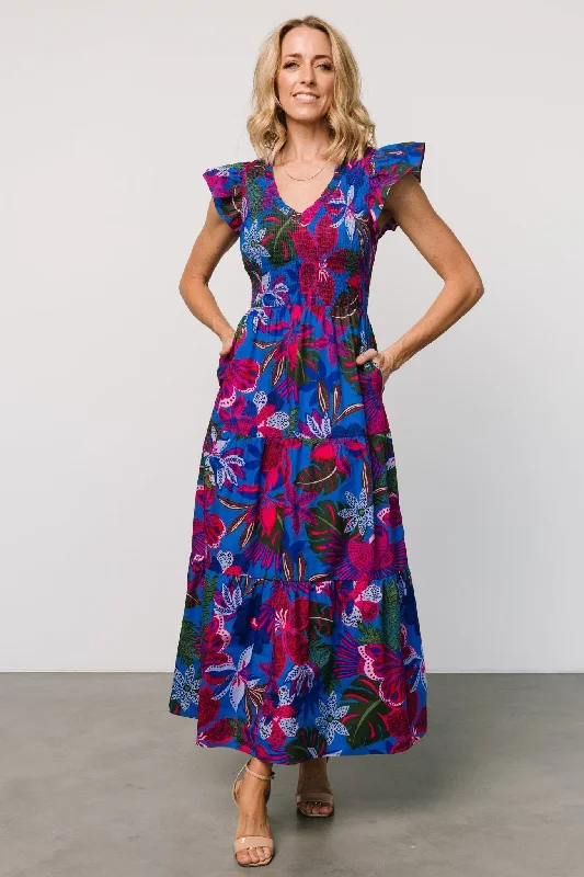 Ranchero Smocked Maxi Dress | Cobalt + Fuchsia Print Stylish Empire Waist Maxi Dress