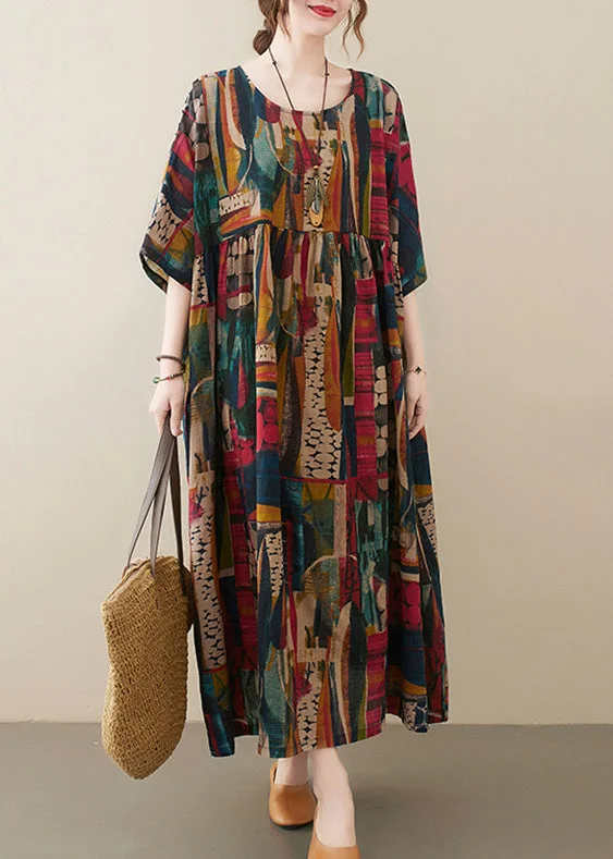 Retro O-Neck Print Party Maxi Dress Half Sleeve Comfortable Maxi Dress with Sleeves