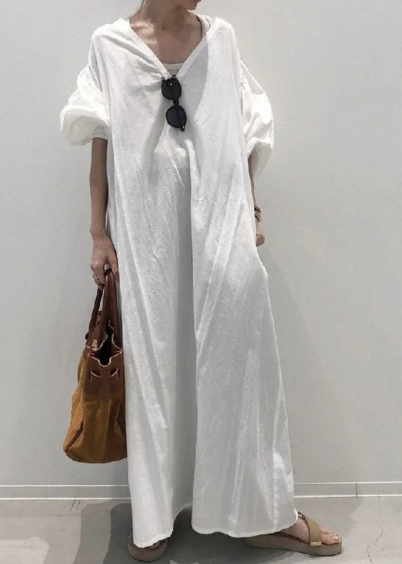 Retro White V Neck Solid Cozy Cotton Maxi Dress Long Sleeve Elegant Boho Maxi Dress