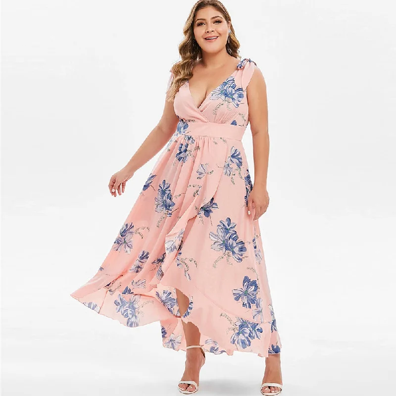 Rosegal Plus Size Floral Print Tie Shoulder High Low Dress Women Asymmetrical Ankle-Length V-Neck Sleeveless Party Maxi Dress Trendy V-Neck Maxi Dress