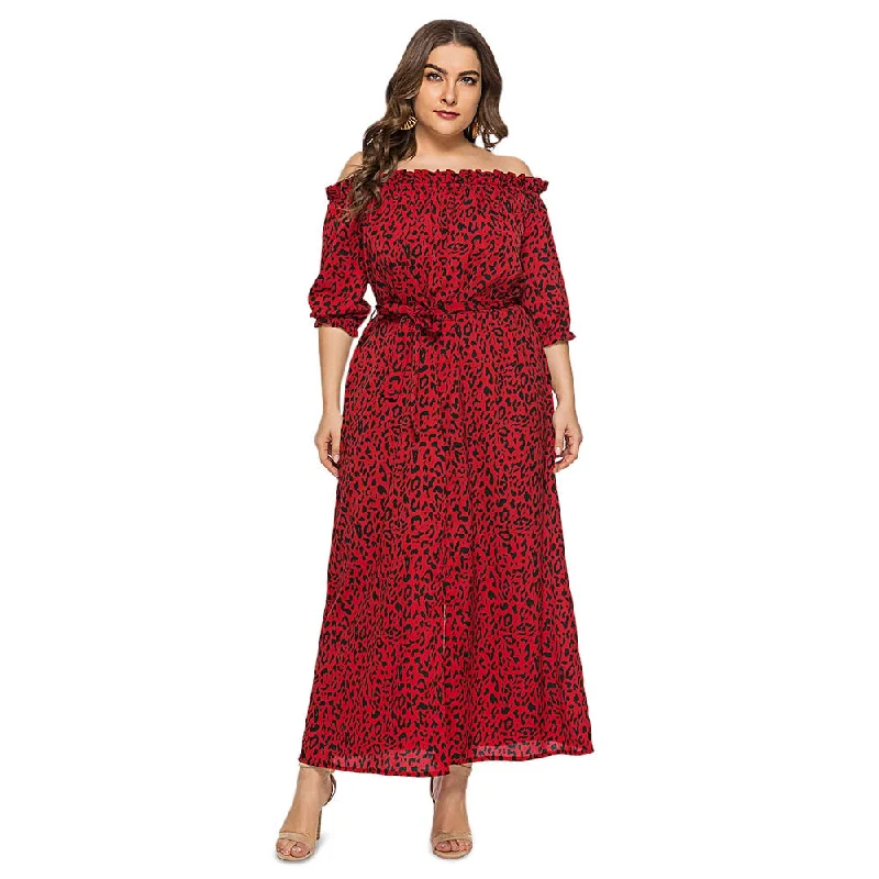 Rosegal Plus Size Off Summer dress Women The Shoulder 3/4 Sleeve Leopard Print Belted Slit Straight Fashion Women Maxi Dress Cozy Ruffle Sleeve Maxi Dress