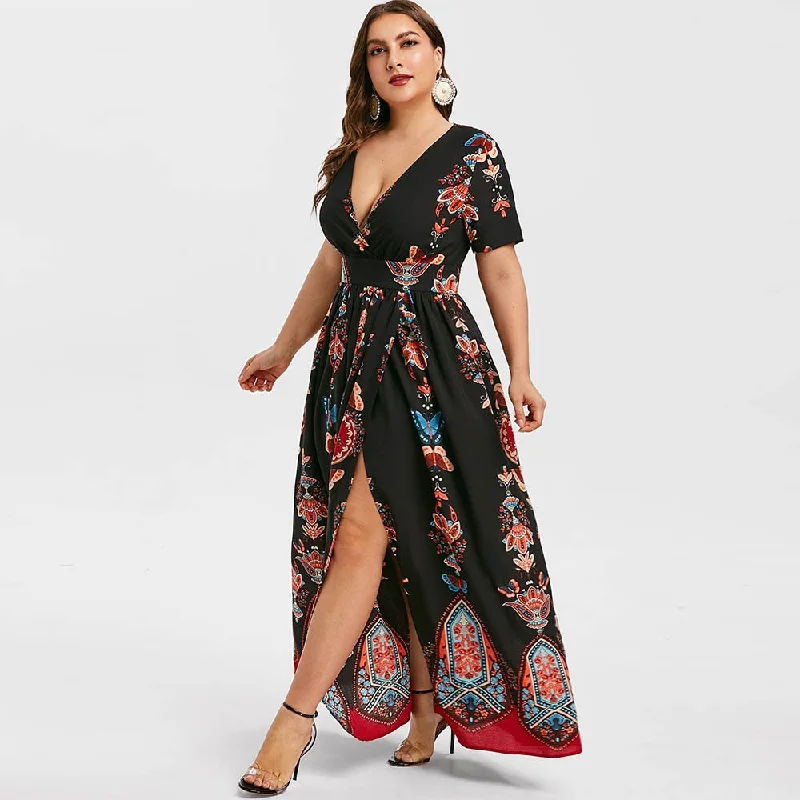 Rosegal Plus Size Printed Maxi Split Dress Bohemian Beach Party Maxi Dress Vintage Elegant High Wasit V-Neck Summer Bodycon Robe Elegant Maxi Dress with Lace