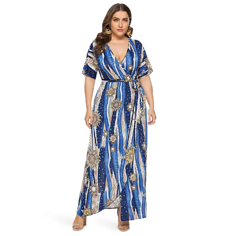 Rosegal Plus Size V Neck Floral Print Waist Strap Split Women Beach Long Dress Floor-Length Maxi Dress Summer Bohemia vestidos Stylish V-Neck Maxi Dress