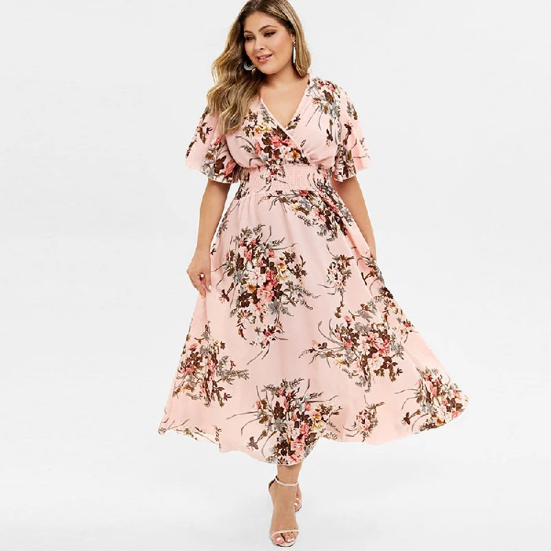 Rosegal Plus Size Women Floral Print Bohemian Maxi Dress V-Neck Half Sleeves A-Line Dress High Wasit Bohemian Holiday Dress Fashionable Faux Wrap Maxi Dress