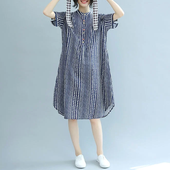 stylish blue floral Midi-length cotton dress plus size clothing cotton maxi dress Fine short sleeve pockets Stand baggy dresses Fashionable High-Waist Maxi Dress