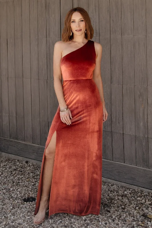 Tatiana Velvet One Shoulder Maxi Dress | Cinnamon Chic Boho Print Maxi Dress