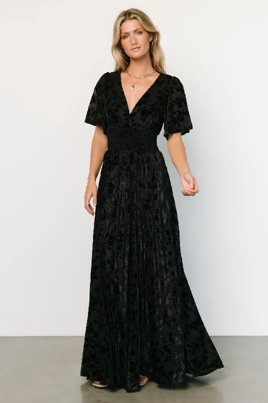 Veronica Velvet Maxi Dress | Black Trendy Maxi Dress with Lace