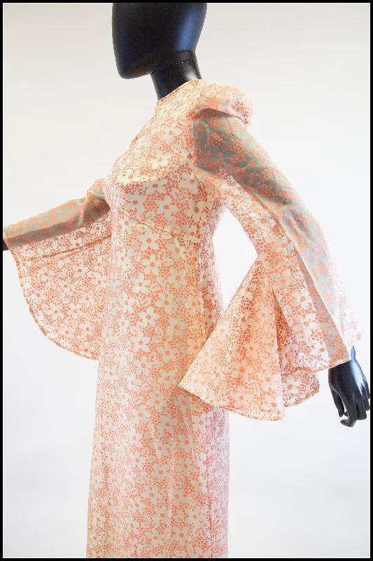 Vintage 1970s Peach Devore Maxi Dress Comfortable Plunging Neckline Maxi Dress