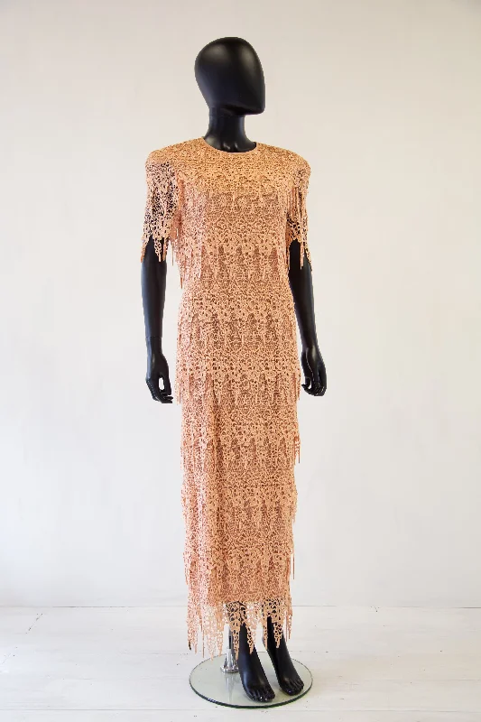 Vintage 1980s Peach Guipure Lace Tiered Maxi Dress Chic Off-Shoulder Maxi Dress