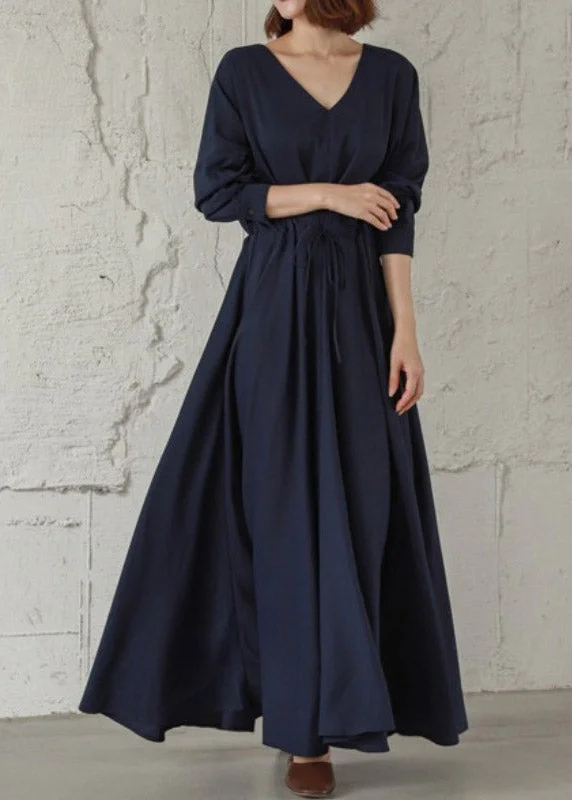 Vintage Navy Cinched V Neck Cinched Cotton Maxi Dresses Fall Cozy Longline Maxi Dress