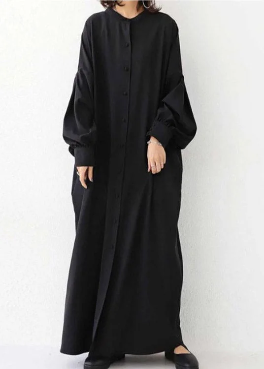 Vogue Black O-Neck Button Maxi Dress Long Sleeve Stylish Pleated A-Line Maxi Dress