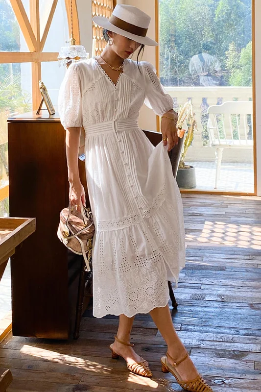 TastyHottie - White Emroidered V-neck Maxi Dress Stylish Boho Maxi Dress