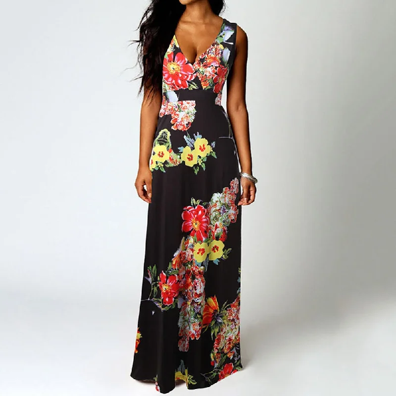 Women Dress Sleeveless V Neck Patchwork Women Dresses Floral Printed Draped Vestidos Female Long Maxi Dress Casual Robe W0619 Comfortable Ruffle Maxi Dress